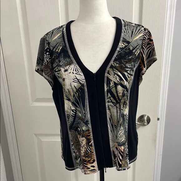 Joseph Ribkoff Top Black/Tan Jungle Print V Neck Cap Sleeve 2 Way Zipper Size 18 - Picture 1 of 12